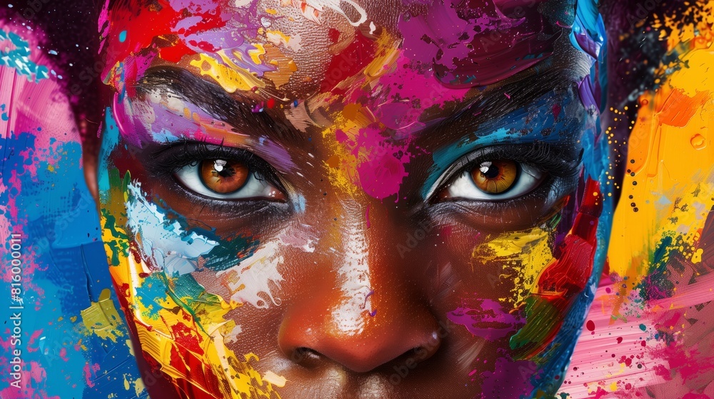 Close-Up Portrait of African Woman Amid Colorful Paint Splashes