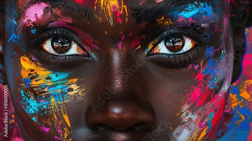 Close-Up Portrait of African Woman Amid Colorful Paint Splashes