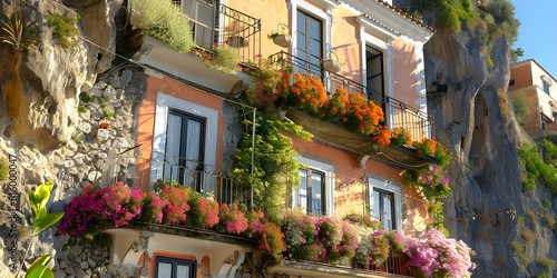 The Amalfi Coast features charming Italian towns with terraced houses and flowers. Concept Italian Architecture, Coastal Living, Terraced Villages, Floral Landscapes