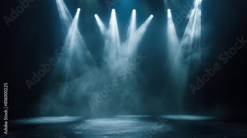 Empty stage with spotlights  a dark background  fog and light beams in the style of an empty stage