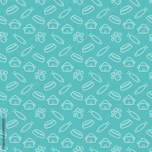 Seamless pattern with a bowl, paw, house, fish. Doodle vector outline illustration.