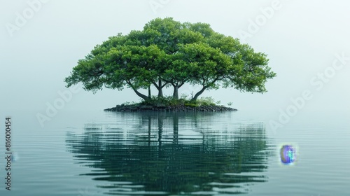 a lone tree sitting on a small island in the middle of the water
