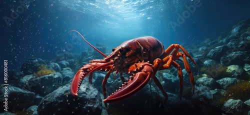 Vibrant Red Lobster Amidst Blue Ocean Waters and Grey Rocks photo