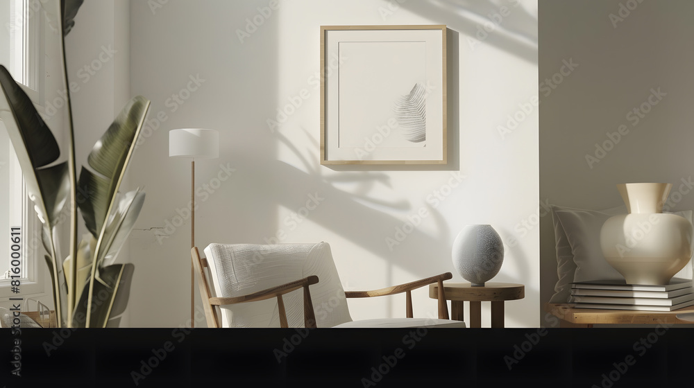 Stylish scandinavian composition of living room with design armchair black mock up poster frame plant wooden stool book decoration loft wall and personal accessories in modern home dec : Generative AI Stylish scandinavian composition of living room with design armchair black mock up poster frame plant wooden stool book decoration loft wall and personal accessories in modern home dec : Generative AI