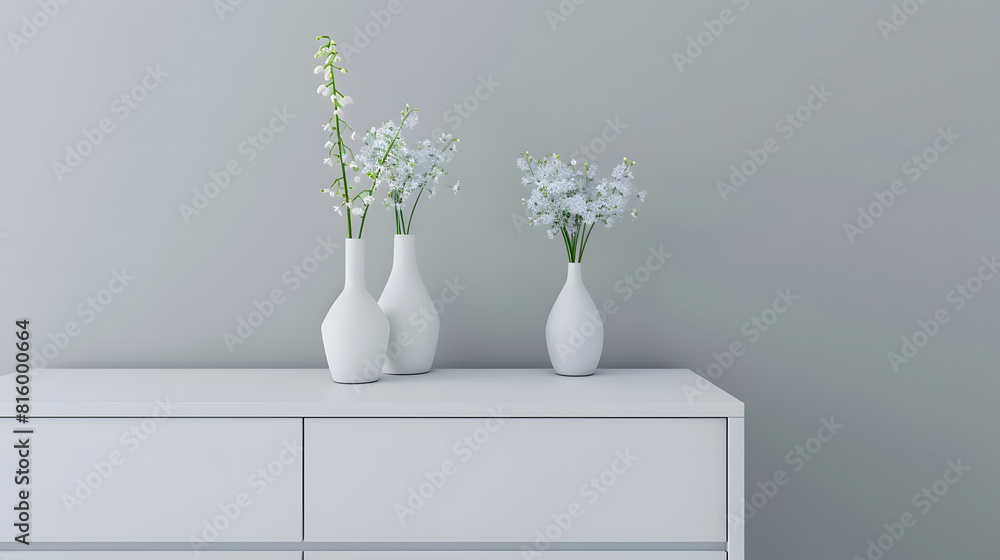 White modern dresser minimalistic furniture in empty room on grey wall background small cupboard with decor vases and lily of the valley flowers bouquet cozy apartment house interior c : Generative AI White modern dresser minimalistic furniture in empty room on grey wall background small cupboard with decor vases and lily of the valley flowers bouquet cozy apartment house interior c : Generative AI