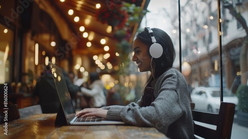 Focused young woman wearing headphones working on laptop at a cozy cafe with blurred background of bustling city street.