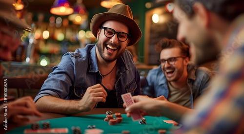 Group of friends playing poker in an urban bar, laughing and having fun while gaming