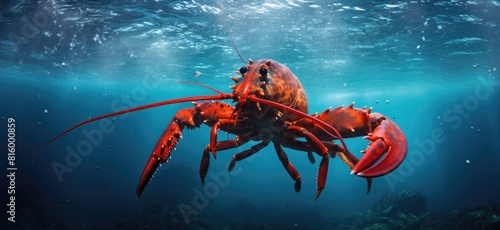 Vibrant Red Lobster Amidst Blue Ocean Waters and Grey Rocks