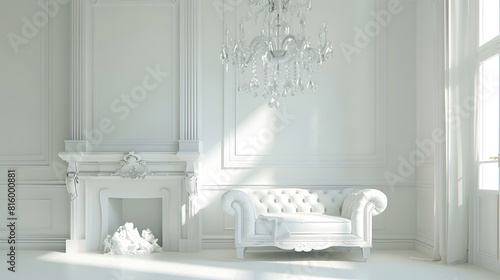 beautiful classical white interior with a fireplace a sofa and a vintage chandelier Retro classics : Generative AI photo