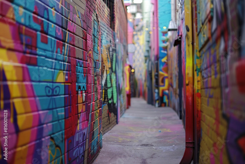 A quirky street art alley adorned with vibrant murals  graffiti tags  and urban artworks  showcasing the creativity and expression of local artists in a colorful and dynamic outdoor gallery. 