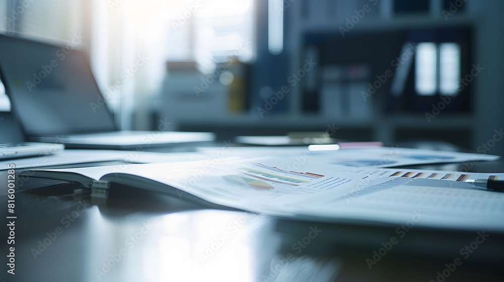 Image of empty workplace of business person with documents with charts on it at office : Generative AI Image of empty workplace of business person with documents with charts on it at office : Generative AI