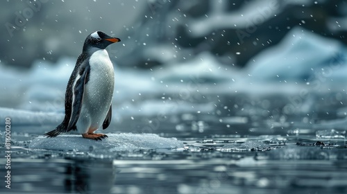 Penguin on an ice floe in the water