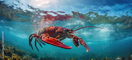 Bold Red Lobster Gracefully Gliding Through Blue Ocean Near Grey Rocks