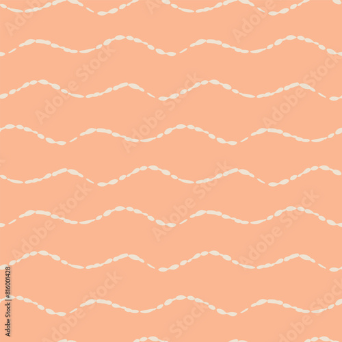 Vector abstract hand drawn peach fuzz color doodle waves. Seamless geometric pattern on peach pink background. Abstract linear backdrop. Great for tropical, abstract ocean products. © Gaianami  Design