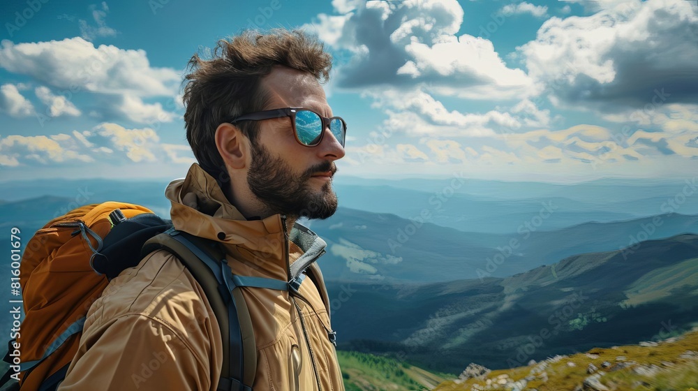 man wearing polarized sunglasses enjoying mountain landscape view uv eye protection