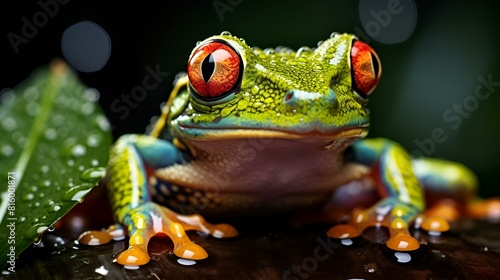 Vector illustration of a frog with red eyes on a leaf © Ali