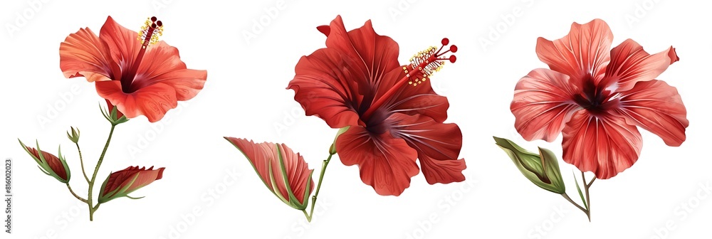  three red hibiscus flowers in different stages of bloom, with green stems and leaves on a white background. by copy space