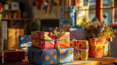 Gift wrapping session during the holidays, focus on ribbons and festive paper, theme of festive celebration, vibrant, Composite, in a warmly decorated home