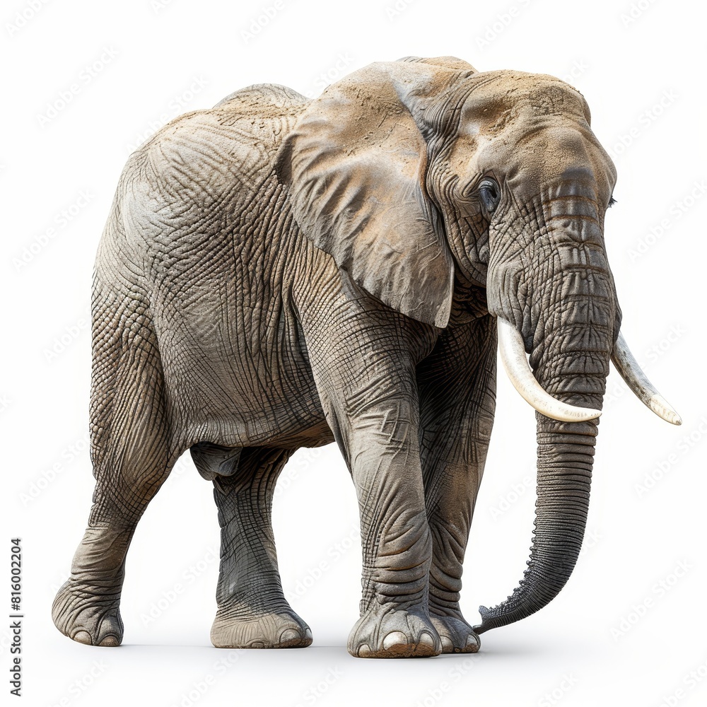 Fototapeta premium a large elephant with tusks walking on a white surface