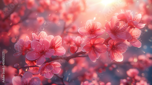Blooming Branches of a Spring Tree with Pink Flowers