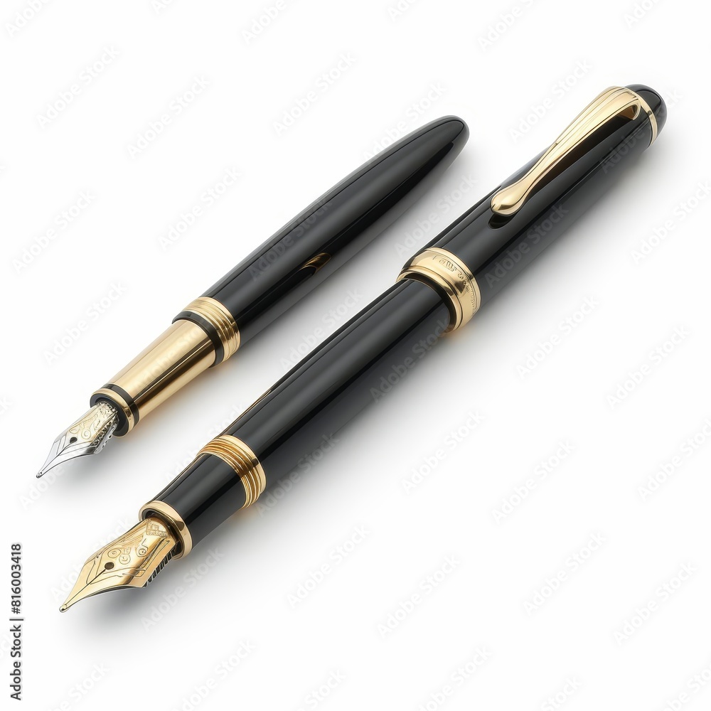 a pair of black and gold fountain pens on a white surface a pair of black and gold fountain pens on a white surface