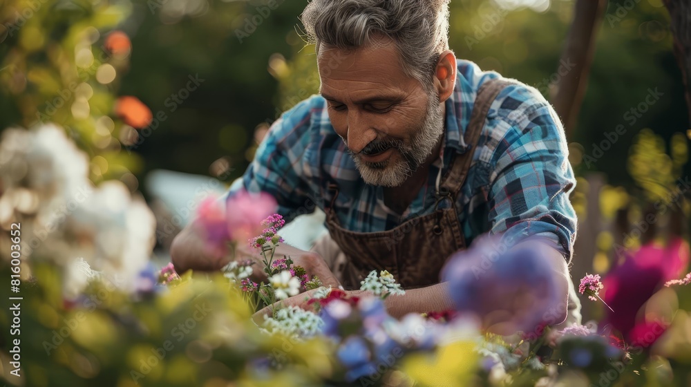 Fototapeta premium middleaged man planting flowers in garden father enjoying outdoor nature hobby lifestyle photography