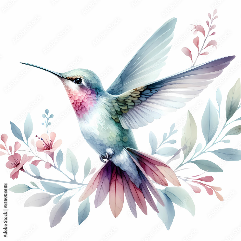 Naklejka premium watercolor color painting of hummingbird image on white background