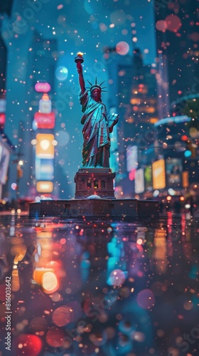 Iconic Statue of Liberty Shrouded in Vibrant Nighttime Rain and City Lights