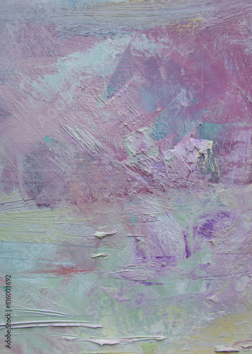 Textured vertical background. Abstract fictional landscape. Pink weathered brush strokes and palette knife structure.