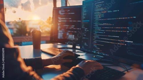 Programmer working on multiple computer screens with code and a coffee cup during sunset, highlighting technology and development concept.