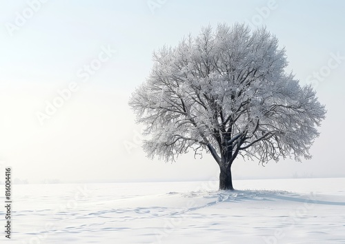 a lone tree in a snowy field with a sky background