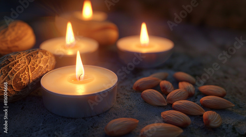 Almond-scented candles illuminating a solid almond surface