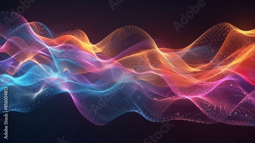 3d Abstract background with colorful sound waves, in the style of digital art, dark black gradient background, glowing lines, flowing curves, vibrant colors