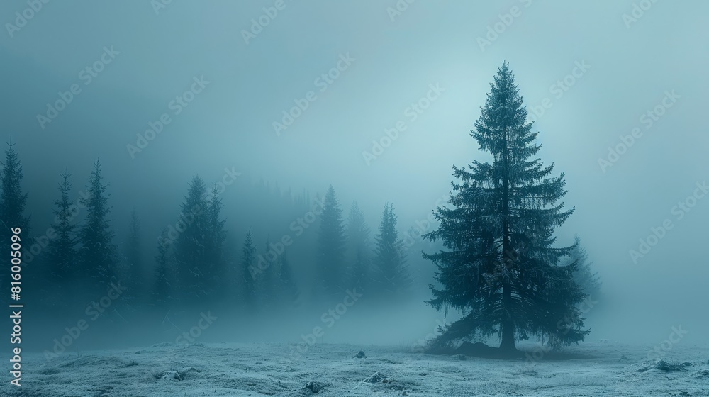 a lone tree in a foggy field with pine trees a lone tree in a foggy field with pine trees
