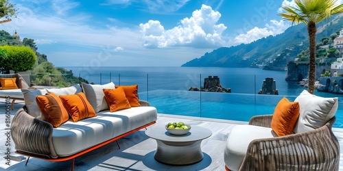 Stunning villa on Amalfi Coast showcasing panoramic Mediterranean views and cliffside terraces. Concept Luxury Villa, Amalfi Coast, Panoramic Views, Cliffside Terraces, Mediterranean Beauty photo