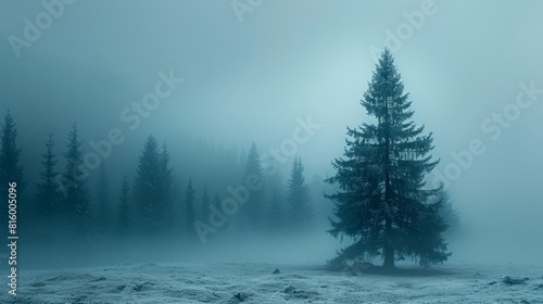 a lone tree in a foggy field with pine trees © LUPACO IMAGES