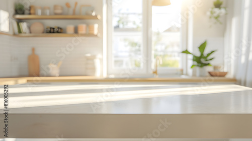Empty modern coffee kitchen table countertop platform and blurry soft light window and cozy home interior background for product and biseness presentations place for design and product : Generative AI