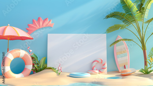 A white blank board mockup with a beach summer theme background, surfboards and an inflatable ring in the sand, a sun umbrella, 3d render style
