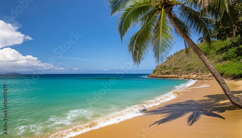 The deep azure blue ocean meets a golden sandy shore  with waves lapping on beach 