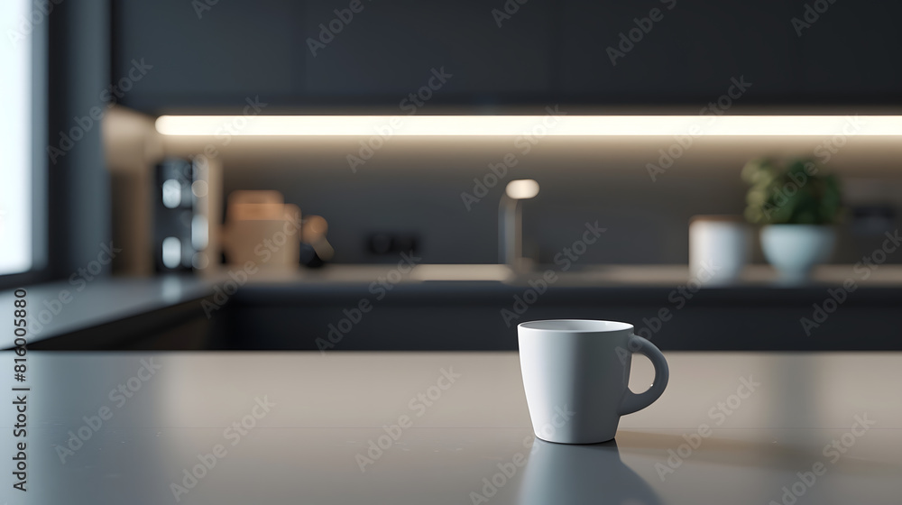 Beautiful coffee cup on island or table countertop in modern home kitchen Dark grey kitchen design detail of interior : Generative AI Beautiful coffee cup on island or table countertop in modern home kitchen Dark grey kitchen design detail of interior : Generative AI