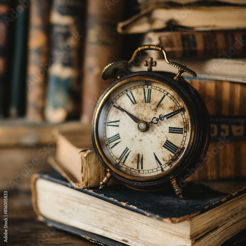 Close-up of a vintage clock with ornate hands and a faded face, set against a backdrop of old books and a rustic wood surface