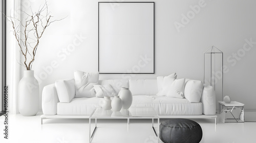 Interior design of living room interior with mock up poster frame white sofa modern pouf glass coffee table vase with branch stylish rack and silver personal accessories Home decor Tem : Generative AI photo