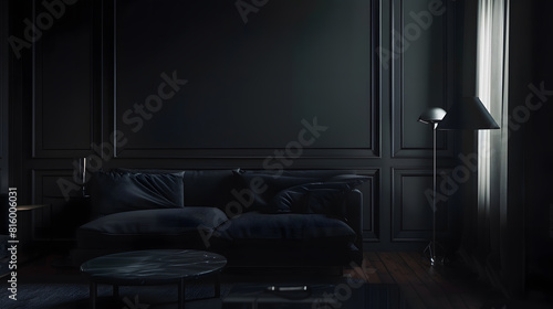 chic modern design of a dark expensive interior of a luxurious cozy apartment : Generative AI