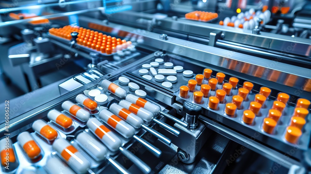 Obraz premium Automation technology in a pharmaceutical lab from top view Automated machines filling and packaging medications