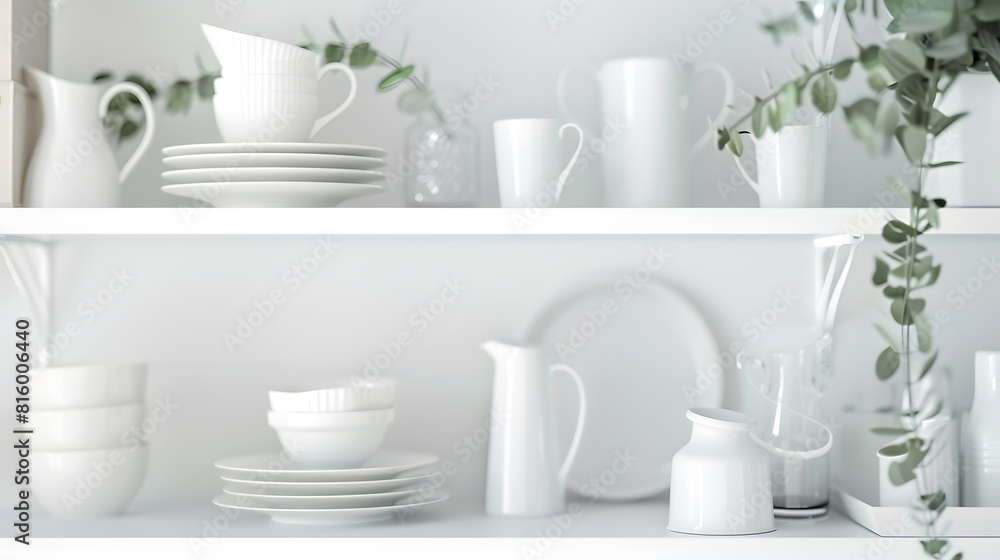 Minimalistic Scandinavian interior Dishes on white shelves White details in the interior : Generative AI Minimalistic Scandinavian interior Dishes on white shelves White details in the interior : Generative AI