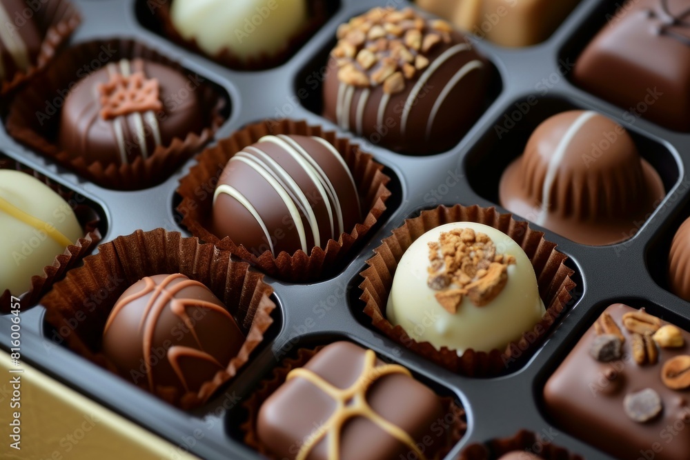Close-up view of a variety of luxury chocolates in an elegant box Close-up view of a variety of luxury chocolates in an elegant box