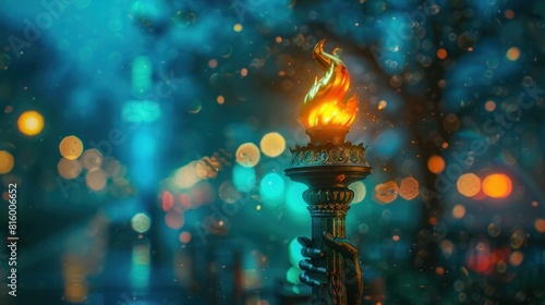 Vivid Fiery Torch of the Iconic Statue of Liberty with Dramatic Bokeh Cityscape in the Night Sky