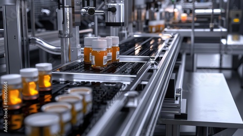 Automation in food packaging from top view  An automated line packaging food products swiftly and hygienically photo