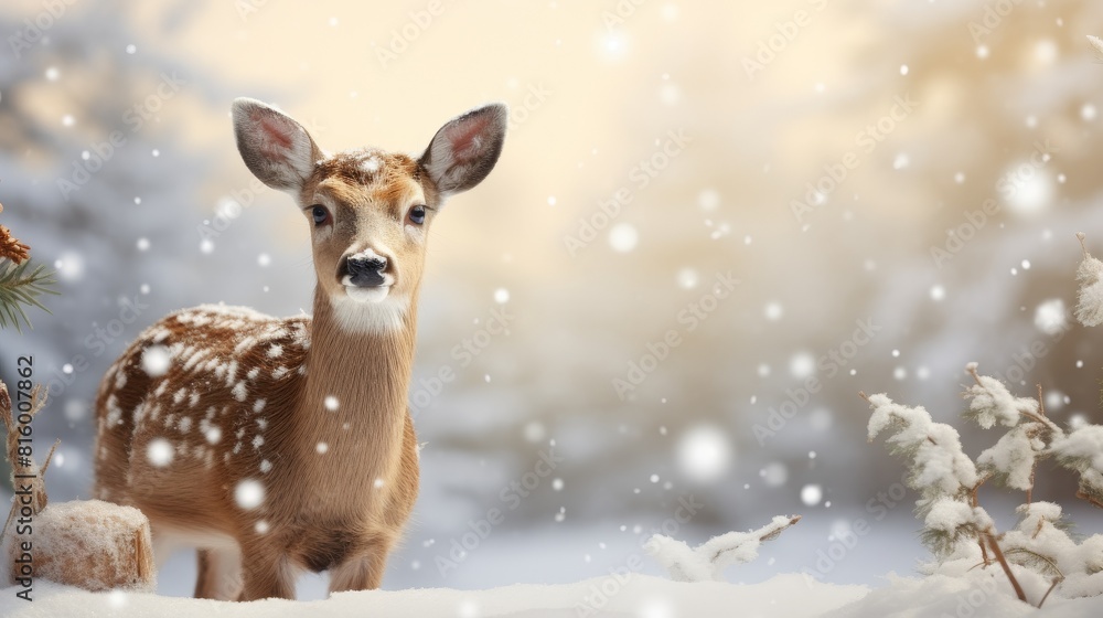 Obraz premium Christmas deer in a scarf on a winter background. Place for text, copyspace. 