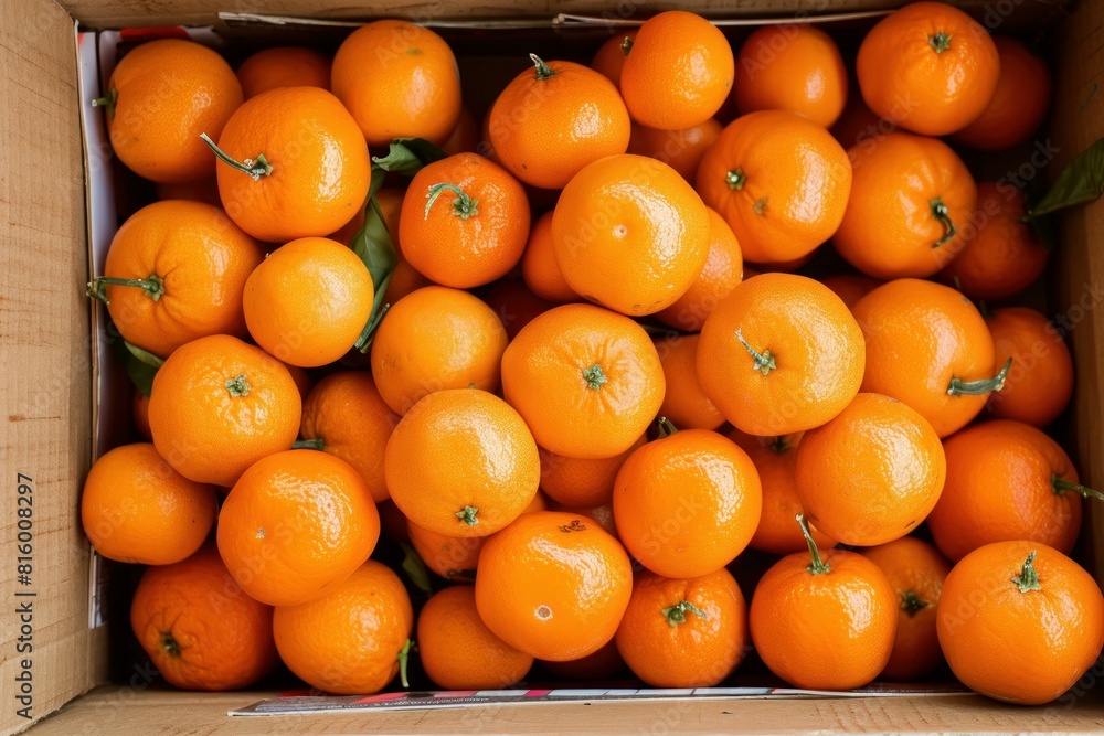 Bright, ripe oranges packed in a box, ready for market